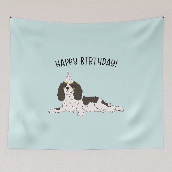 Aperçu de l'œuvre Tricolore Cavalier King Charles Spaniel Cavie Chien Joyeux Anniversaire créée et vendue par thepawster.