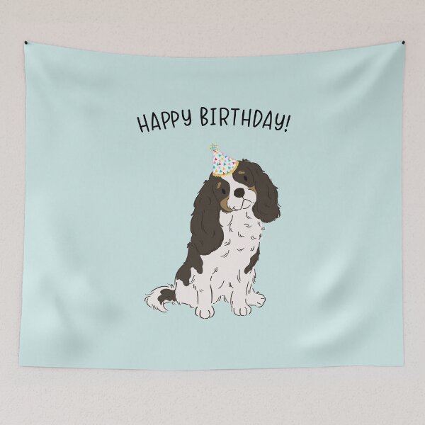 Aperçu de l'œuvre Tricolore Cavalier King Charles Spaniel Cavie Chien Joyeux Anniversaire créée et vendue par thepawster.