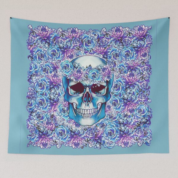 Item preview, Human anatomy Skull blue watercolor with with floral crown of roses and chrysanthemums  designed and sold by Collagedream.
