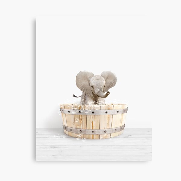 "Baby Elephant 2 in Wooden Bathtub Print, Baby Elephant Bathing, Animals in Bathtub Art by