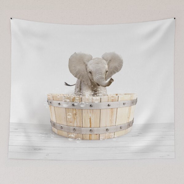 Item preview, Baby Elephant 2 in Wooden Bathtub Print, Baby Elephant Bathing, Animals in Bathtub Art by Synplus designed and sold by synplus.