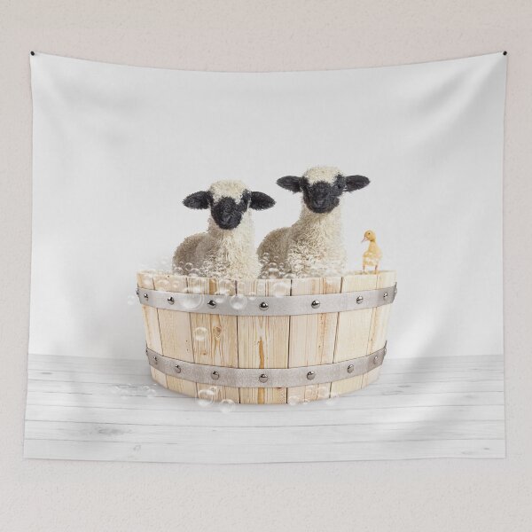 Item preview, Baby Lamb and Duckling in Wooden Bathtub Print, Two Lambs Bathing, Animals in Bathtub Art by Synplus designed and sold by synplus.
