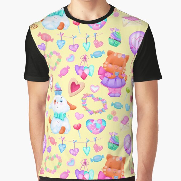 A picture with cute cats and dogs, hearts and sweets Graphic T-Shirt