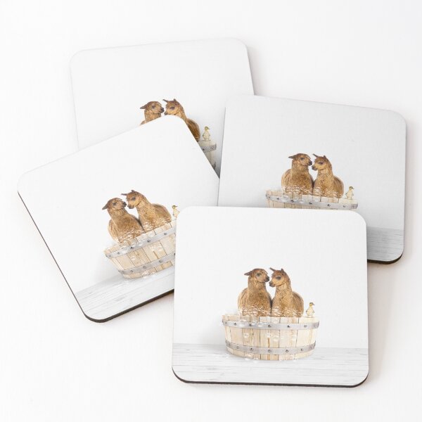 Item preview, Two Alpacas and Duckling in Wooden Bathtub Print, Baby Alpaca Bathing, Animals in Bathtub Art by Synplus designed and sold by synplus.