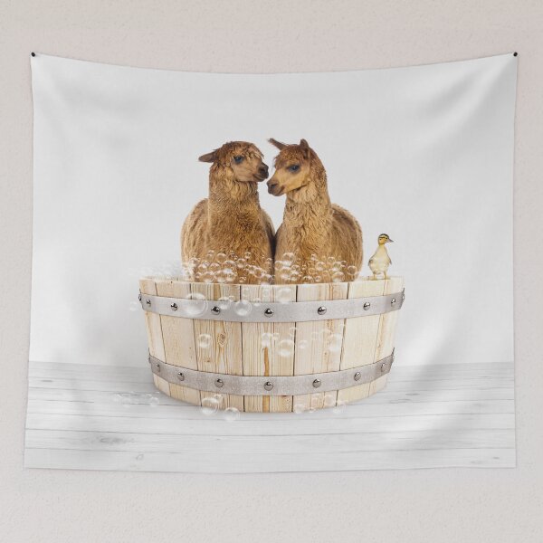 Item preview, Two Alpacas and Duckling in Wooden Bathtub Print, Baby Alpaca Bathing, Animals in Bathtub Art by Synplus designed and sold by synplus.