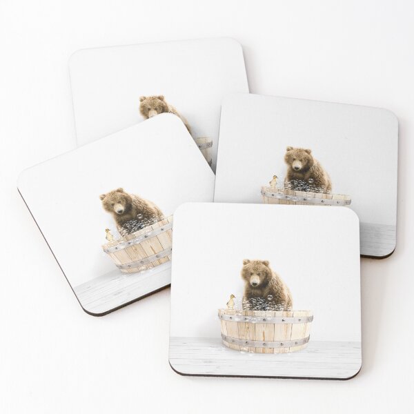 Item preview, Bear Cub and Duckling in Wooden Bathtub Print, Baby Bear Bathing, Animals in Bathtub Art by Synplus designed and sold by synplus.