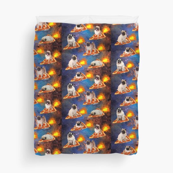Pugs in Space Riding Pizza Duvet Cover