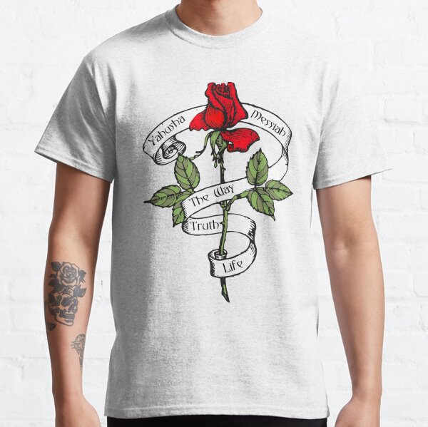 Vista previa del artículo con la obra «Yahusha Mesías - Camino Verdad Vida - Rosa Roja - Cita Bíblica», diseñado y vendido por Narrow-Path.