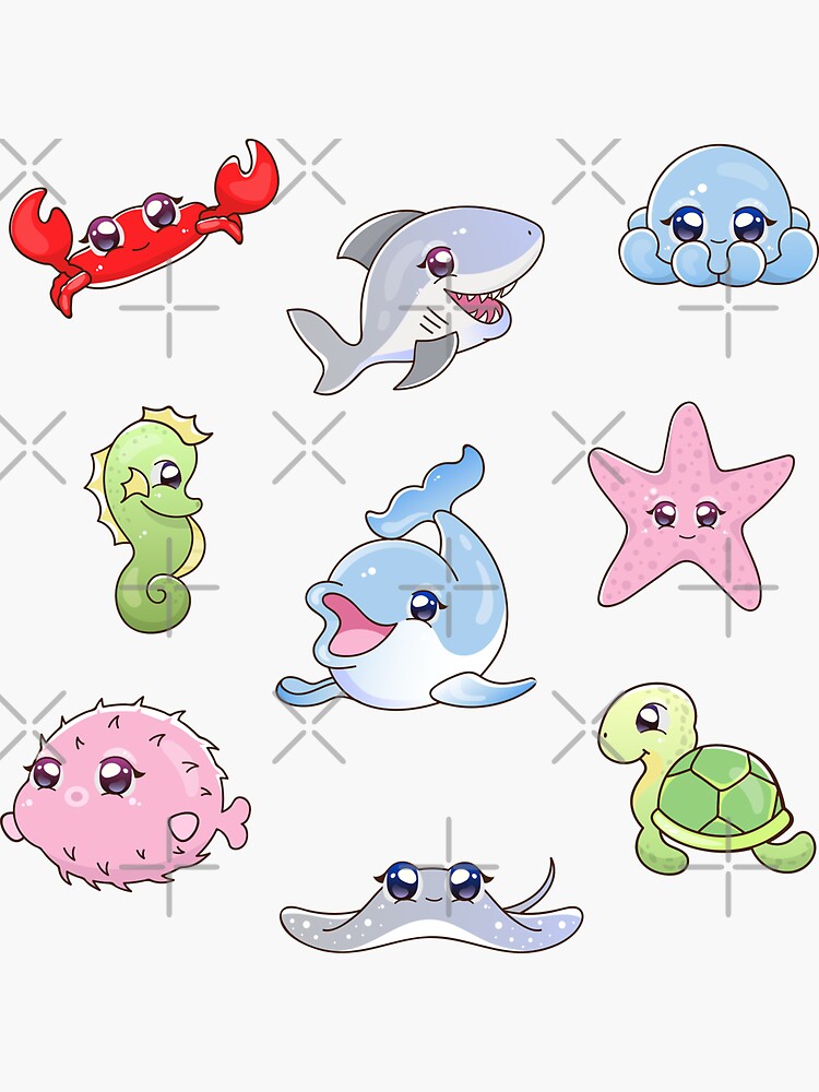 "Cute Kawaii Ocean Life Under The Sea Animals Stickers" Sticker for