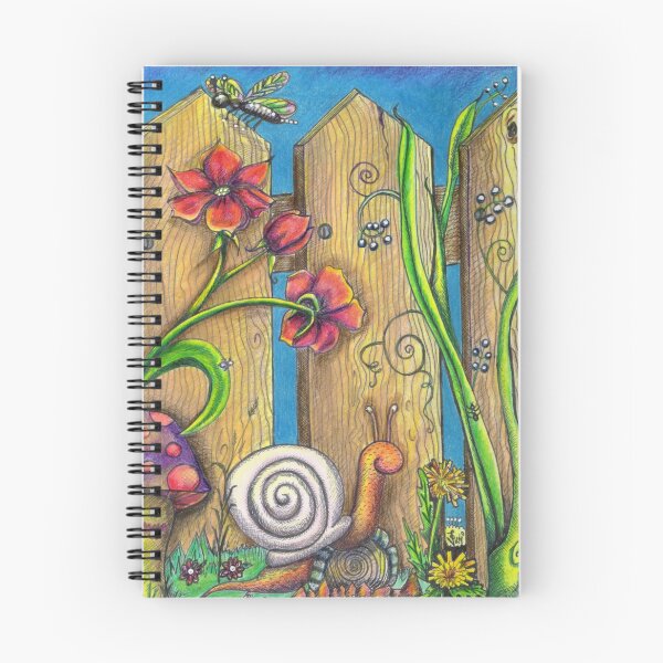 Item preview, Garden Fence Whimsical original pen and ink drawing in vivid rainbow colorful pencil by Vicki Noble designed and sold by Vicki Noble Art.