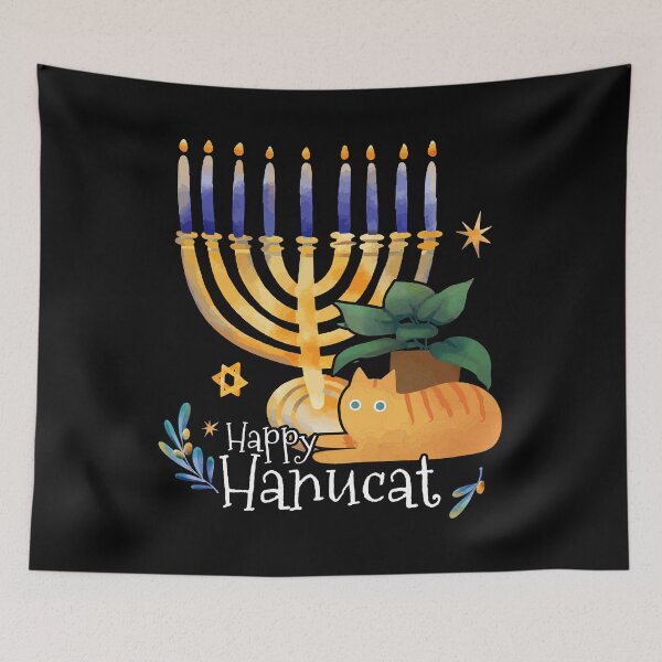 Item preview, Happy Hanucat, Watercolor Cat Art Hanukkah Cat design designed and sold by Merchking1.