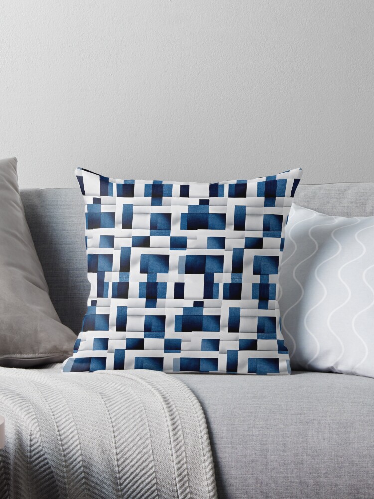 Thumbnail 1 of 4, Pillow, White and Blue Squares and Rectangles | Geometric Checkered Pattern designed and sold by TMBTM.