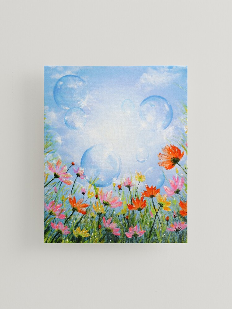 Dreamy Flower Garden : Colourful Flowers with Bubbles in the Blue Sky |  Mounted Print