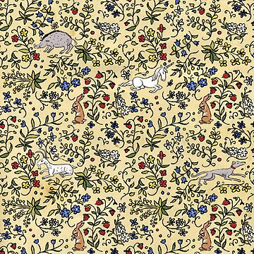 Artwork thumbnail, Medieval Animals Mille Fleurs Pattern with Parchment Background by LeopardyNonsense