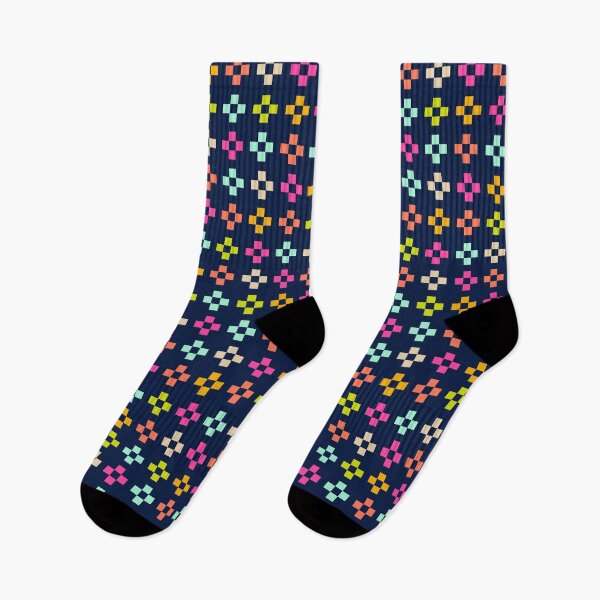 Item preview, Pixel art - bright multi-coloured retro gamer cross check on navy blue designed and sold by misentangled.