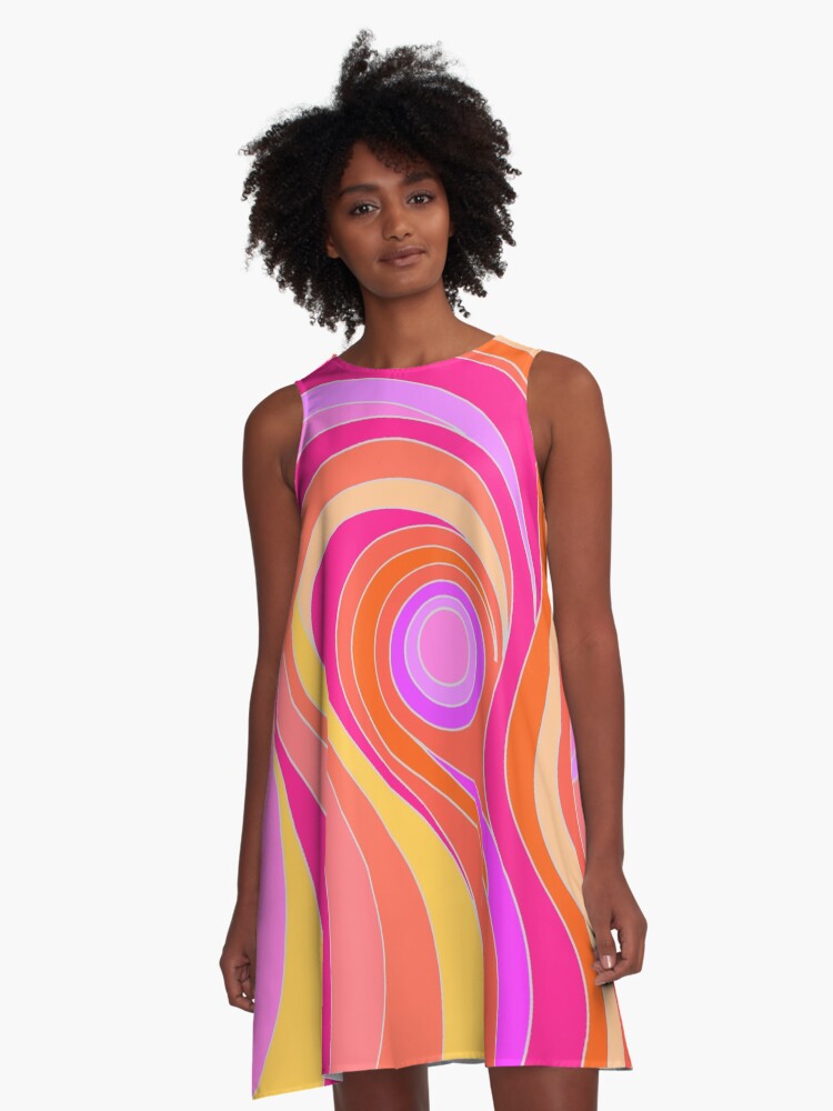 Thumbnail 1 of 4, A-Line Dress, Pink Abstract Psychedelic Retro Design designed and sold by Alondra.