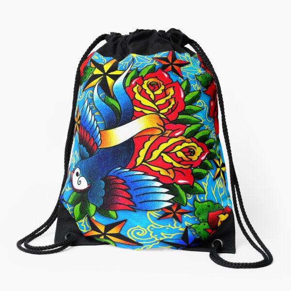 Traditional Swallow & Rose Tattoo Drawstring Bag