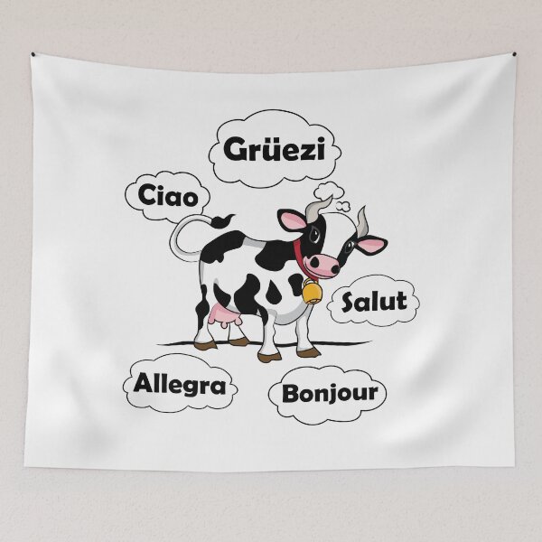 Item preview, Swiss Cow - Gruezi Bonjour Ciao Salut Allegra - Hello Switzerland designed and sold by TheInkElephant.