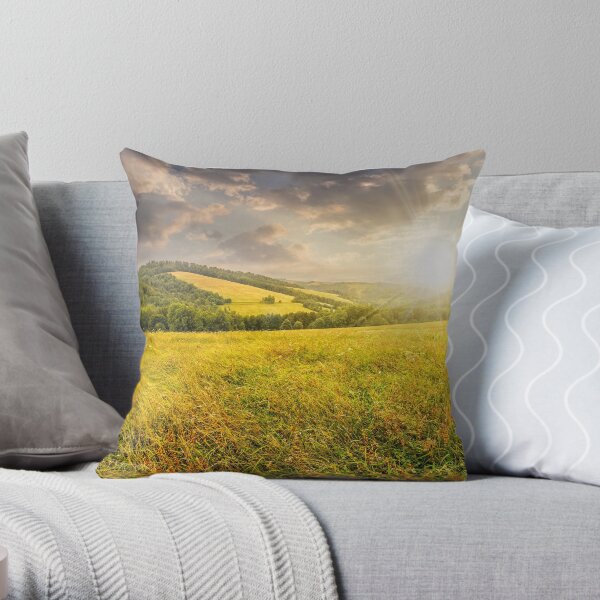 rural field near forest at hillside at sunset Throw Pillow