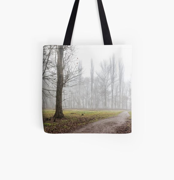 autumn park in fog All Over Print Tote Bag