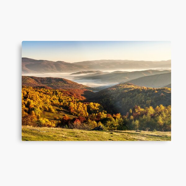 cold fog on hot sunrise in mountains Metal Print