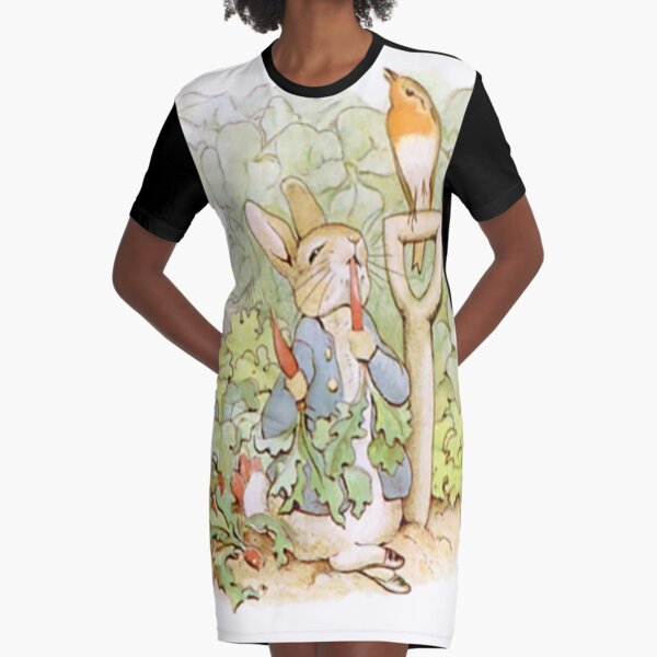 PETER RABBIT, Nursery Characters, Peter Rabbit, eating radishes, The Tale of Peter Rabbit. Graphic T-Shirt Dress