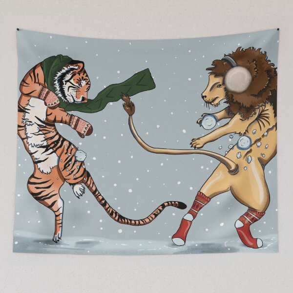 Item preview, Lion and tiger Snowball Fight  designed and sold by marleywrightart.