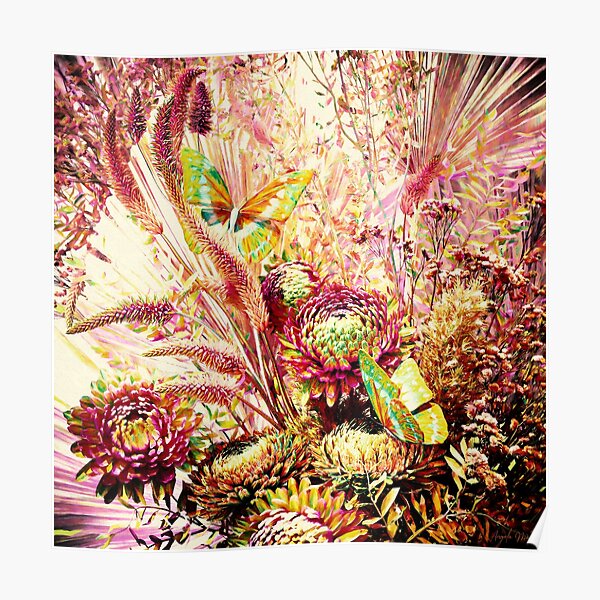 colorful magical flowers butterflies Poster