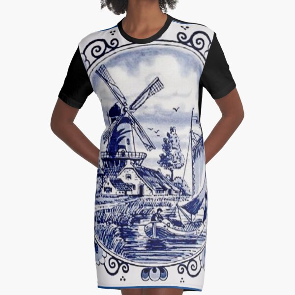 DUTCH BLUE DELFT: Vintage Windmill Print Graphic T-Shirt Dress