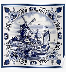 NIEDERLÄNDISCHES BLAUES DELFT: Weinlese-Windmühle-Druck Poster