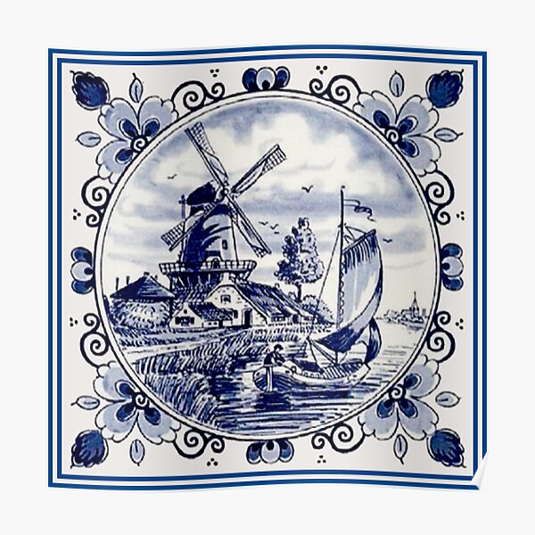 DUTCH BLUE DELFT: Vintage Windmill Print Poster