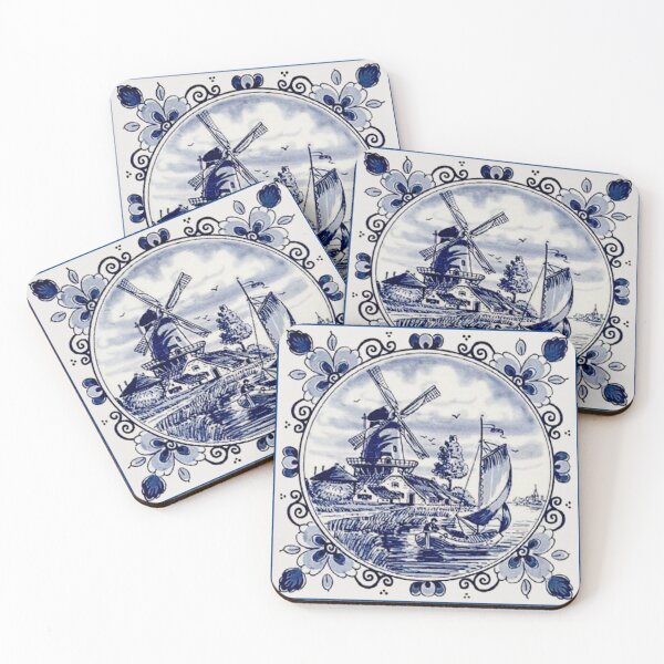 DUTCH BLUE DELFT: Vintage Windmill Print Coasters (Set of 4)