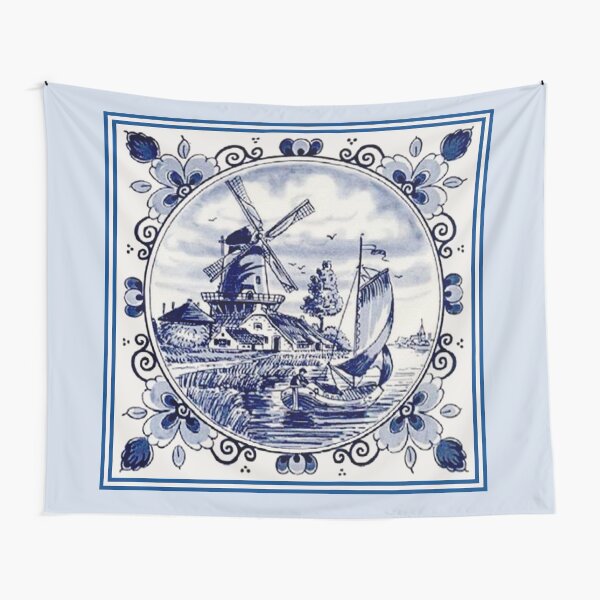 DUTCH BLUE DELFT: Vintage Windmill Print Tapestry