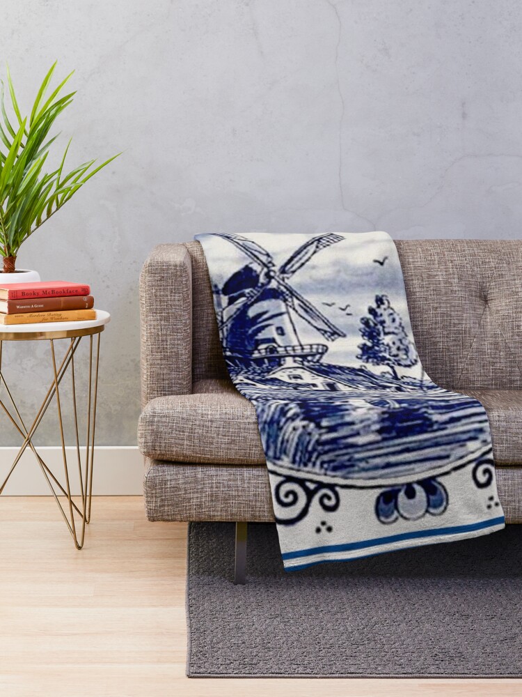 Alternate view of DUTCH BLUE DELFT: Vintage Windmill Print Throw Blanket