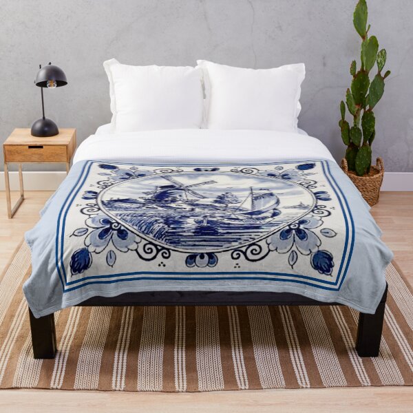 DUTCH BLUE DELFT: Vintage Windmill Print Throw Blanket