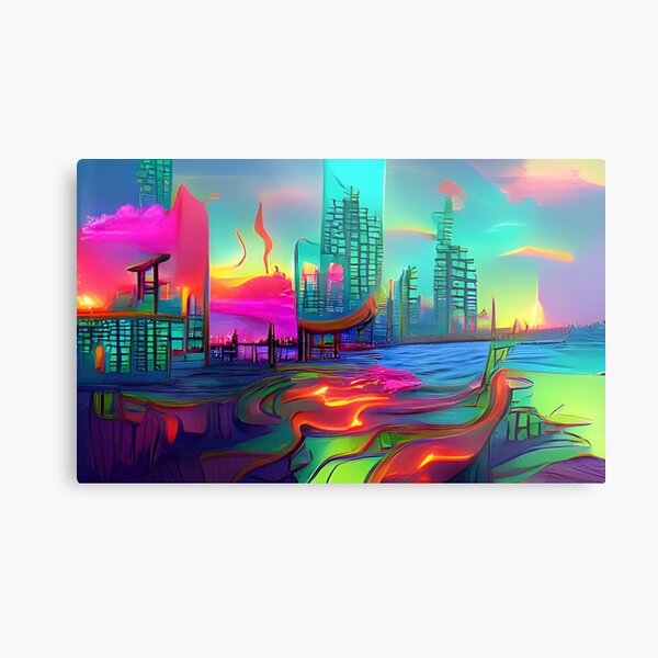 City skyline across the water at sunset Metal Print