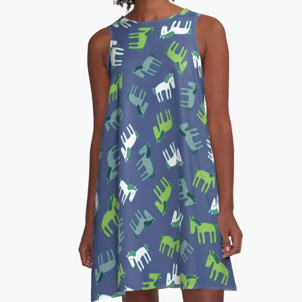 Ponies - green, grey and white on teal - Fun pattern by Cecca Designs A-Line Dress
