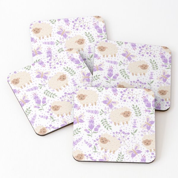 Item preview, Fluffy Sheeps in the field with Butterflies (white-purple) designed and sold by Dorina Larsdotter.