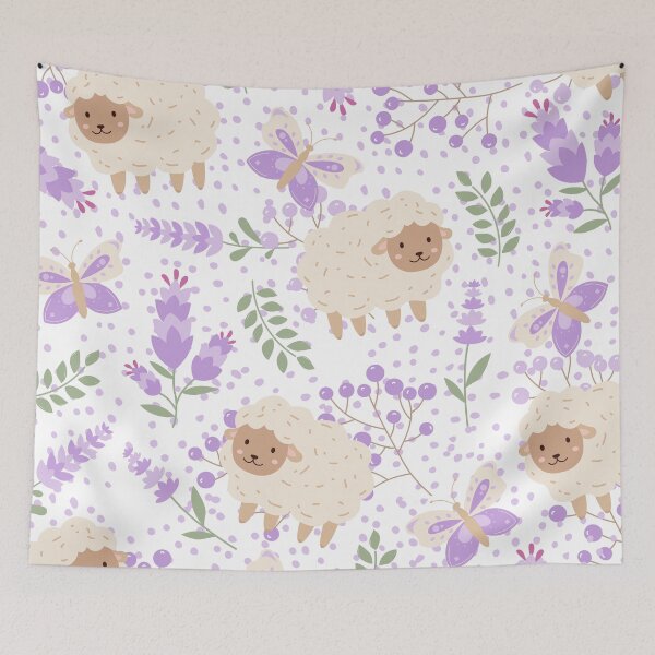 Item preview, Fluffy Sheeps in the field with Butterflies (white-purple) designed and sold by Dorina Larsdotter.