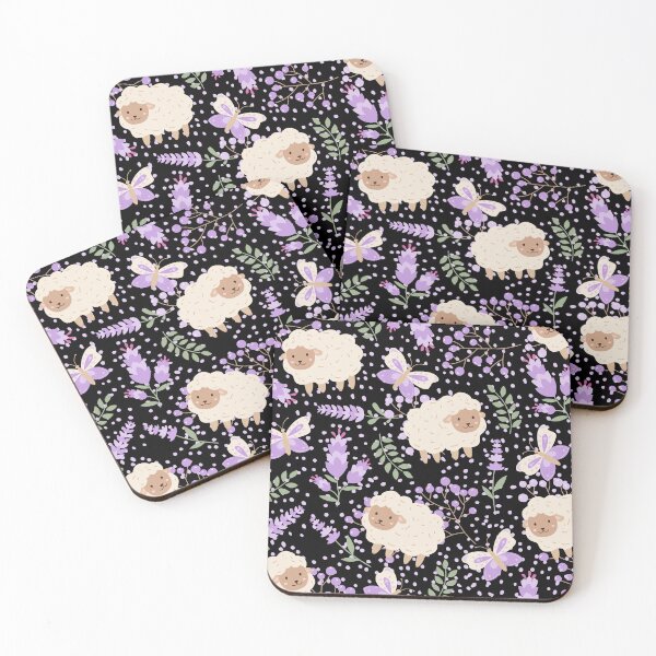 Item preview, Fluffy Sheeps in the field with Butterflies (black-purple) designed and sold by Dorina Larsdotter.