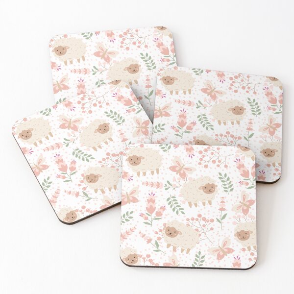 Item preview, Fluffy Sheeps in the field with Butterflies (white-peach) designed and sold by Dorina Larsdotter.