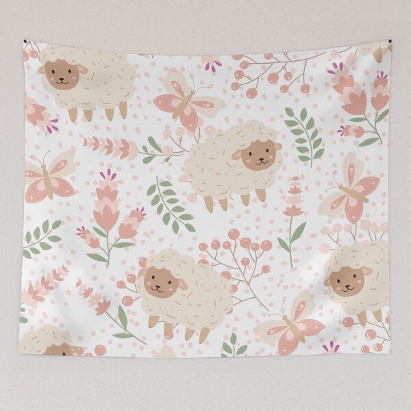 Item preview, Fluffy Sheeps in the field with Butterflies (white-peach) designed and sold by Dorina Larsdotter.
