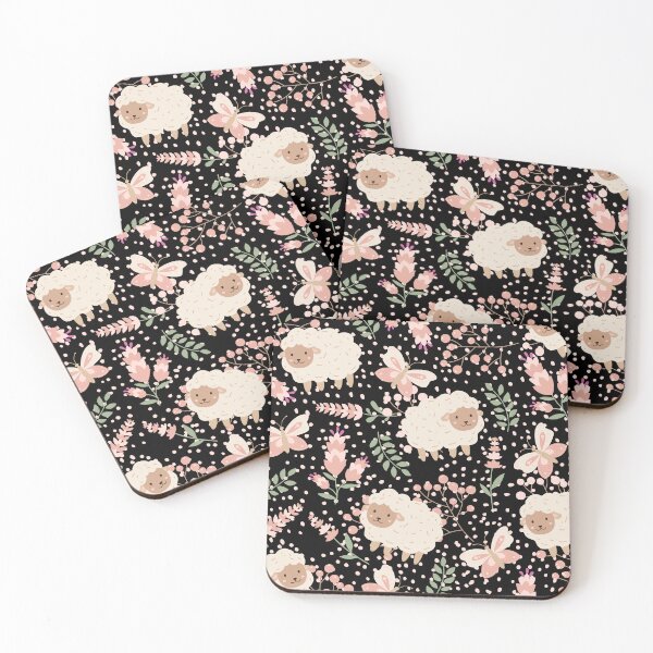 Item preview, Fluffy Sheeps in the field with Butterflies (black-peach) designed and sold by Dorina Larsdotter.