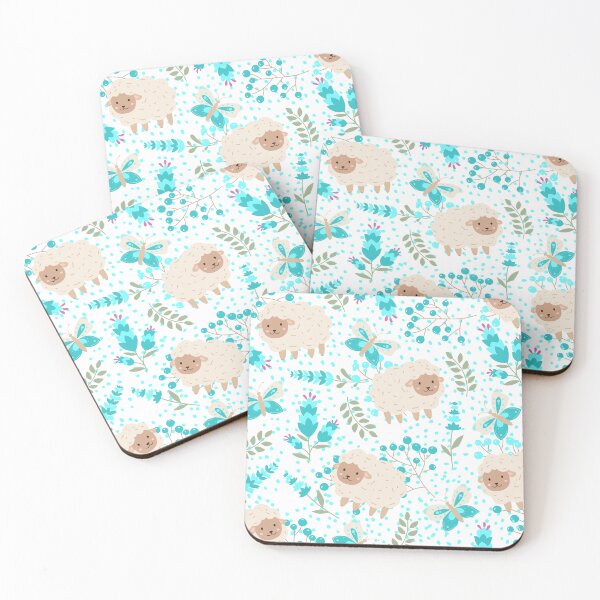 Item preview, Fluffy Sheeps in the field with Butterflies (white-turquoise) designed and sold by Dorina Larsdotter.