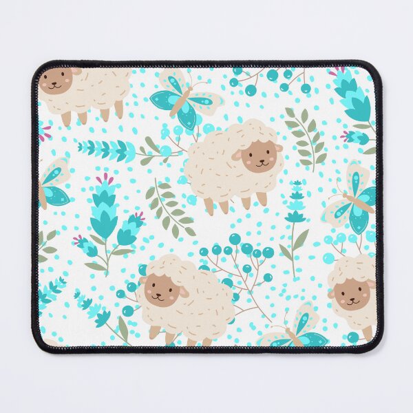 Item preview, Fluffy Sheeps in the field with Butterflies (white-turquoise) designed and sold by Dorina Larsdotter.