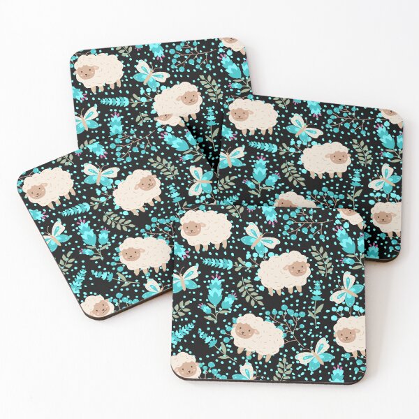 Item preview, Fluffy Sheeps in the field with Butterflies (black-turquoise) designed and sold by Dorina Larsdotter.