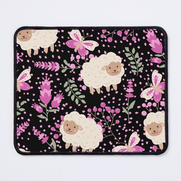 Item preview, Fluffy Sheeps in the field with Butterflies (black-pink) designed and sold by Dorina Larsdotter.