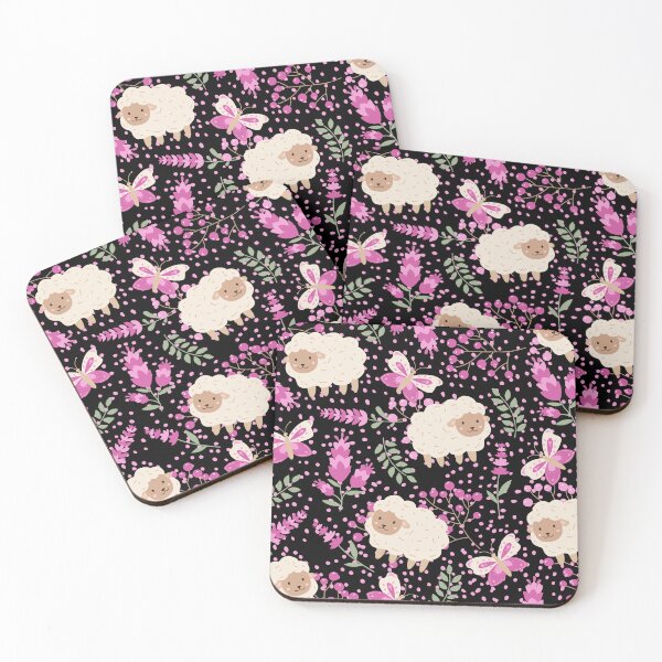 Item preview, Fluffy Sheeps in the field with Butterflies (black-pink) designed and sold by Dorina Larsdotter.