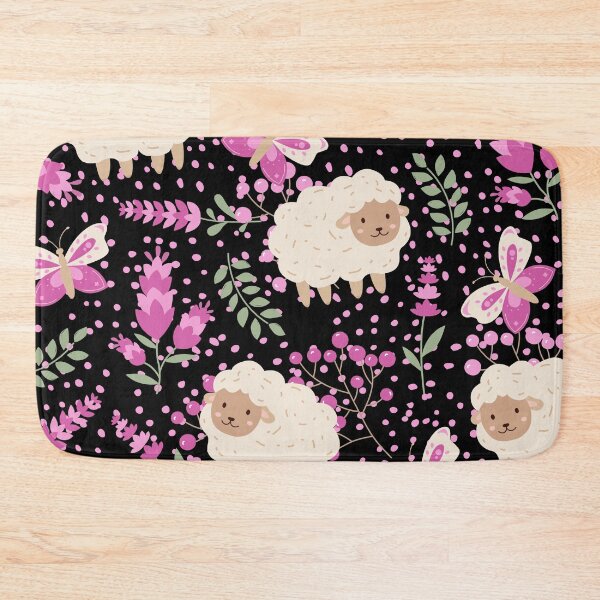 Item preview, Fluffy Sheeps in the field with Butterflies (black-pink) designed and sold by Dorina Larsdotter.
