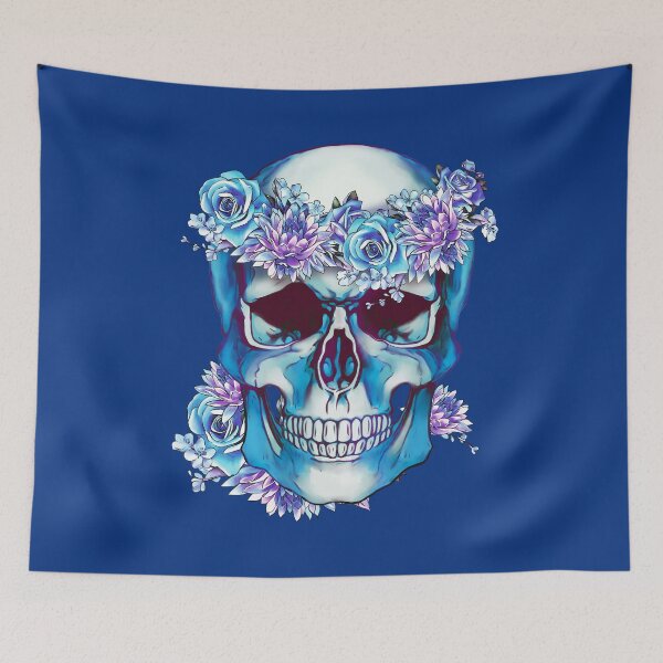 Item preview, Human anatomy Skull blue watercolor with with floral crown of roses and chrysanthemums  designed and sold by Collagedream.